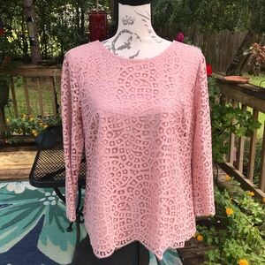 J. Crew Blush Pink Lace Cotton Blend Lined Three Quarter Sleeved Blouse Size 14